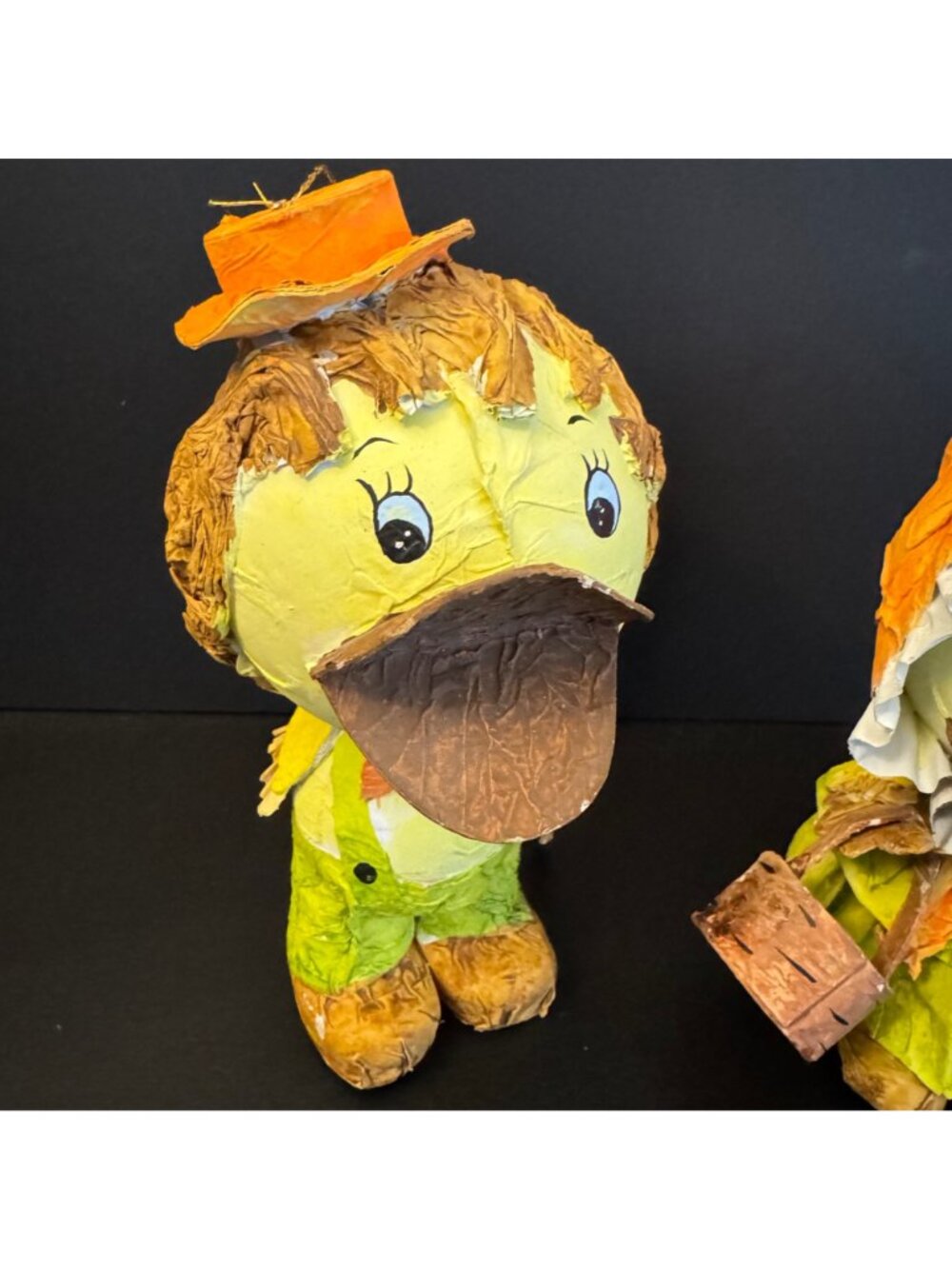 Vintage Handmade Papier-Mâché Duck Figurines Boy & Girl Set Rustic Yellow & Oran - Picture 4 of 16